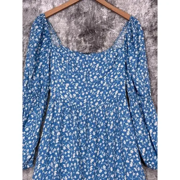 New Reformation Dress 2 Womens Mica Blue Floral Puff Tiered Sleeve Midi - Picture 2 of 9